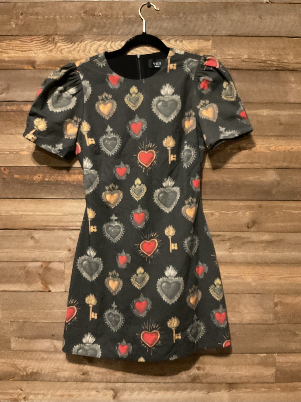 VICI Lover’s Key Printed Mini Dress Puff Sleeves Heart Key Print Women’s Small
